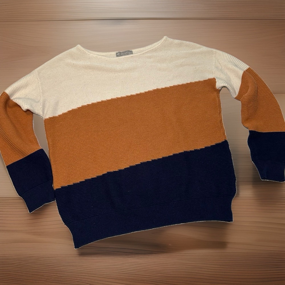 Evolution Women's Small Colorblock Knit Sweater Ivory Camel Navy Crew Neck Cozy